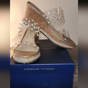 Adrienne Vittadini Pearl Embellished Wedge Sandals - Tan